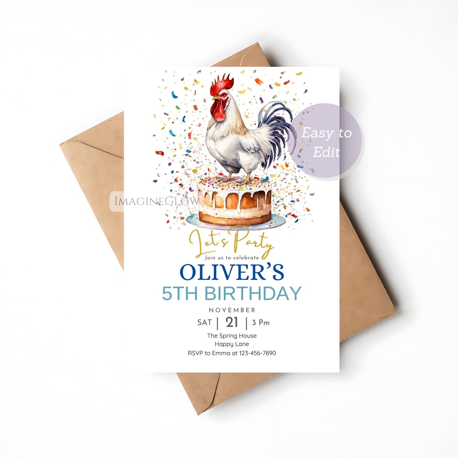 Birthday party invitation with rooster and cake illustration on a white background.