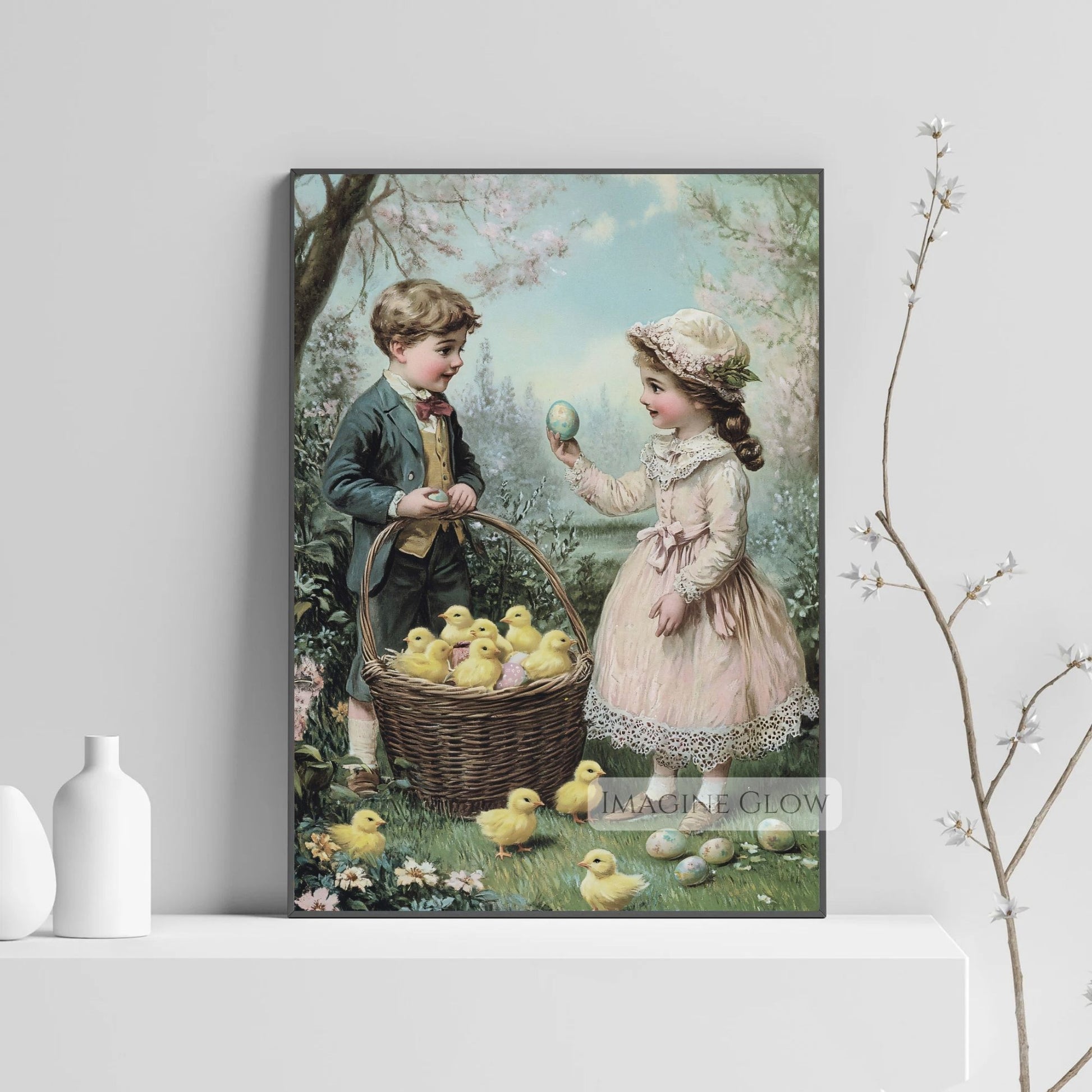 Victorian children playing with yellow chicks in a blooming garden.
