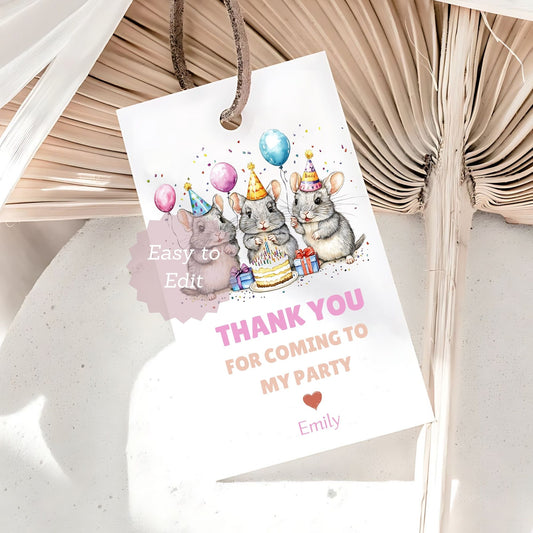 Party-themed thank you card with cartoon mice and celebratory elements on a textured surface.