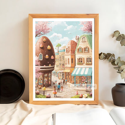 Enchanting Easter village with chocolate eggs and colorful decorations
