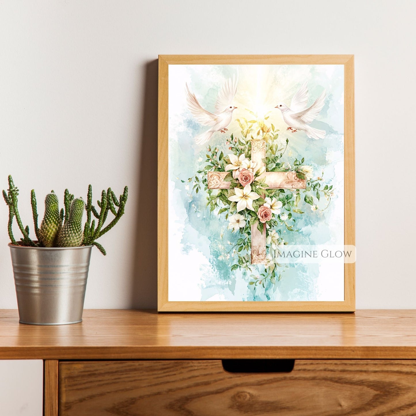 Floral Cross with Two Doves Wall Art - Peaceful Christian Decor - Religious Spring Artwork