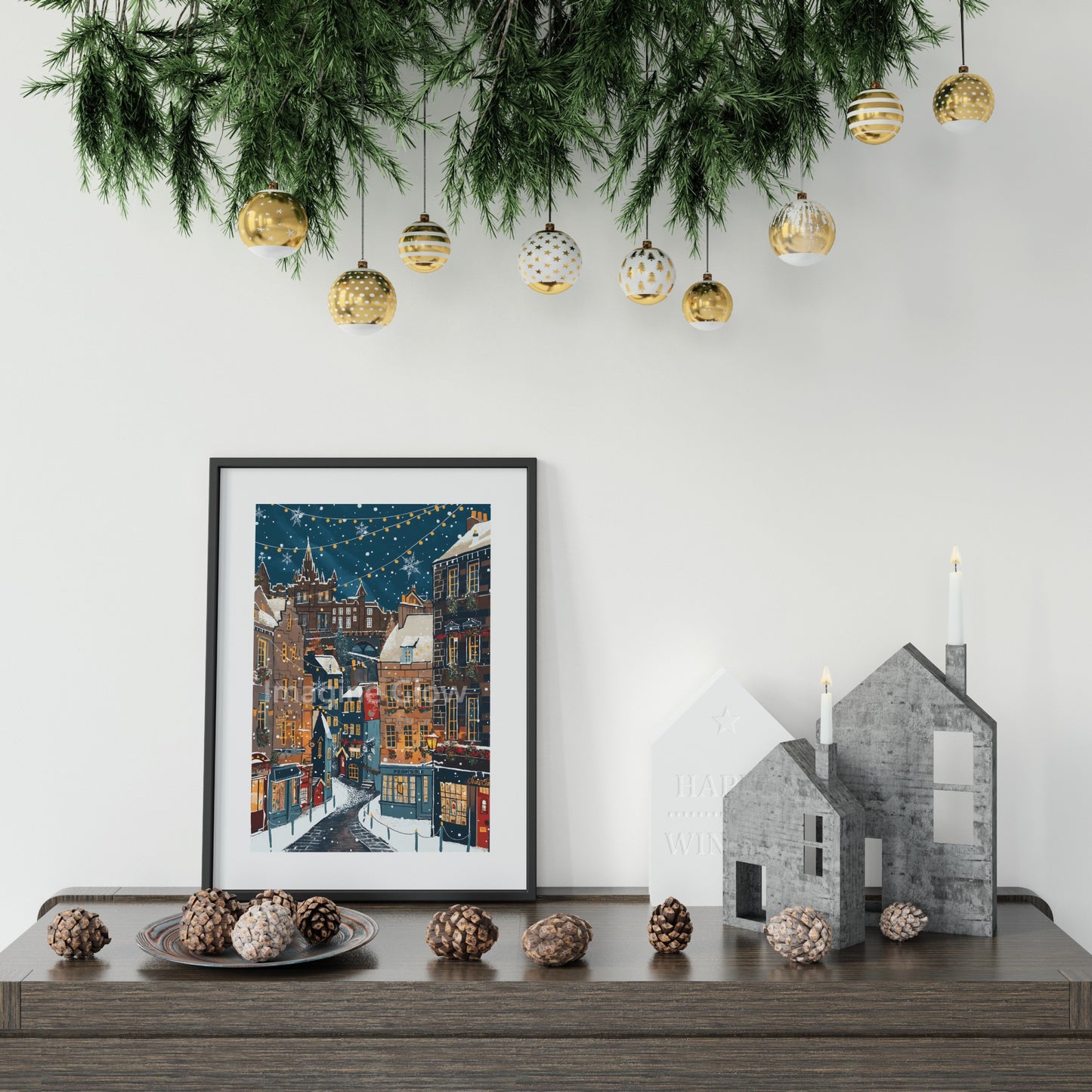 Edinburgh Christmas wall decor with a wintery and holiday ambiance.
Printable holiday art featuring a charming cityscape of Edinburgh.
Christmas-themed digital art print of a street in Edinburgh with festive decorations.