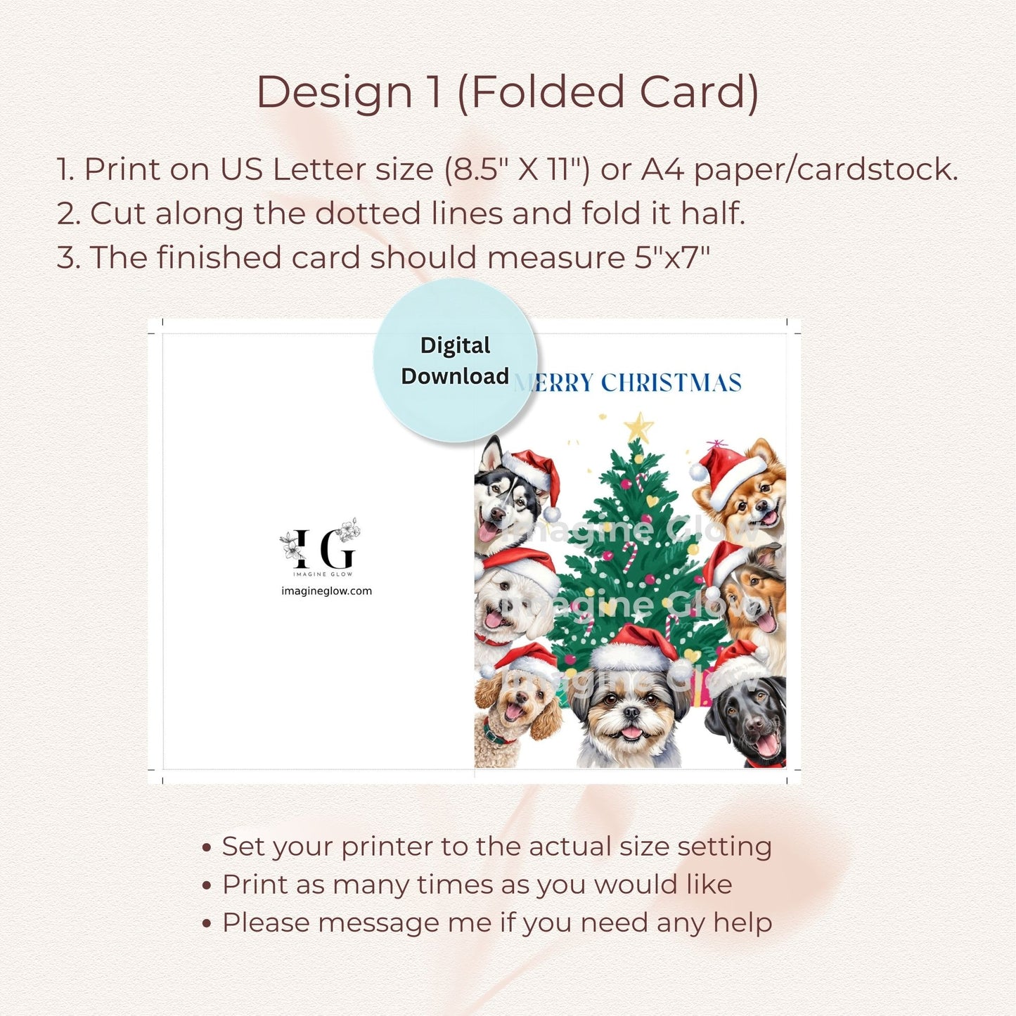 Festive holiday greeting card with various dog breeds for Christmas celebration