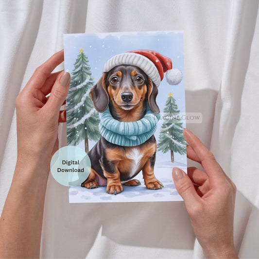 Card with a dachshund wearing a Santa hat and scarf, held by hands against a white background.