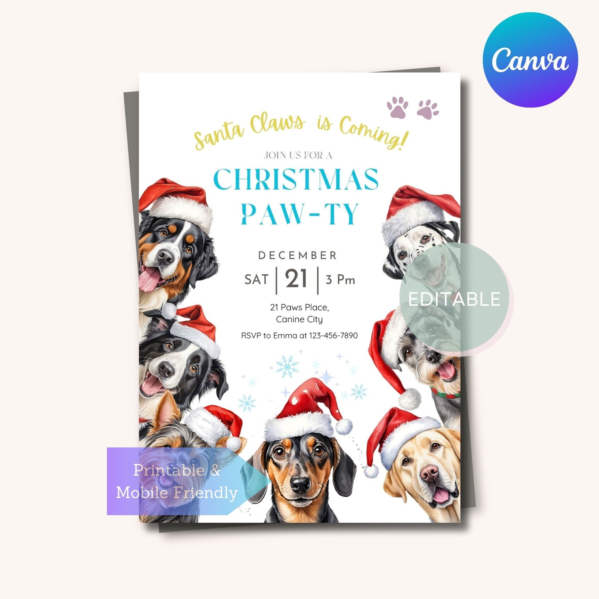 Christmas invitation with Bernese Mountain Dog and Dalmatian for holiday celebration