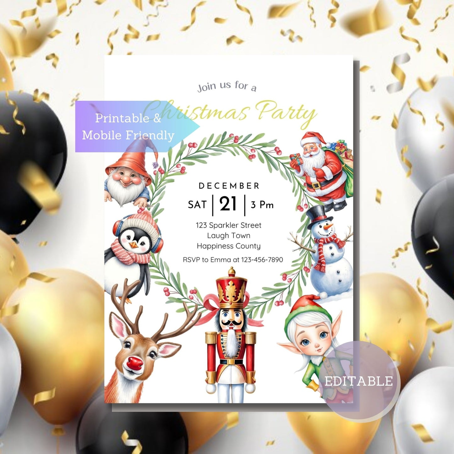 Christmas invitation with Penguin, Elf, and Gnome characters for holiday gathering