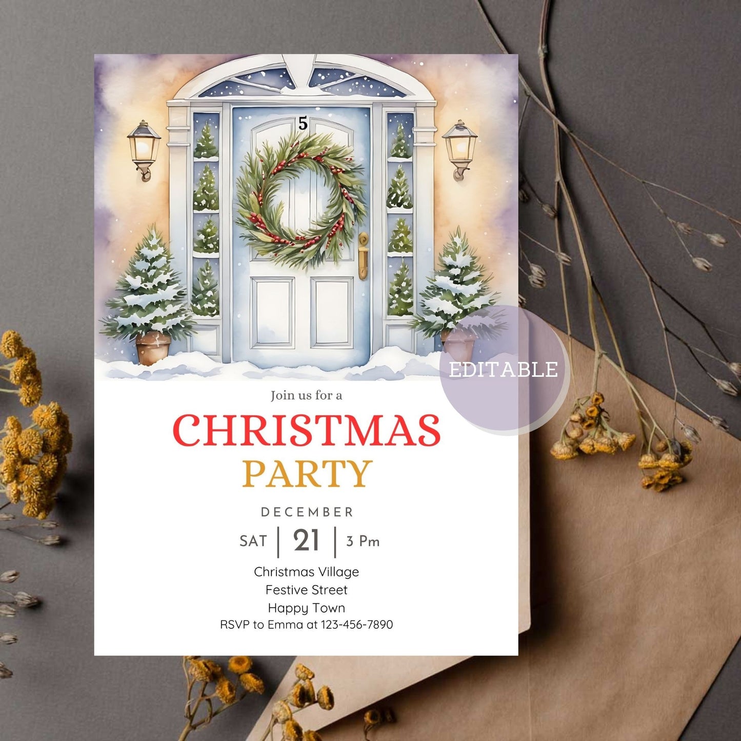 Christmas snow invitation with a beautiful wreath on a door design.
