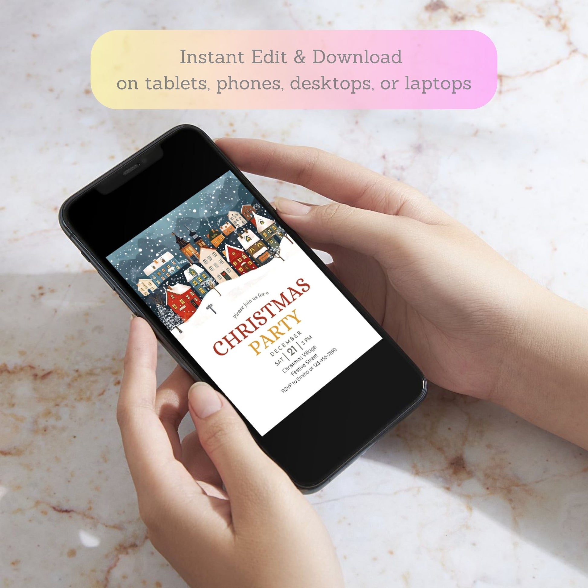 Person holding a smartphone with a Christmas party invitation