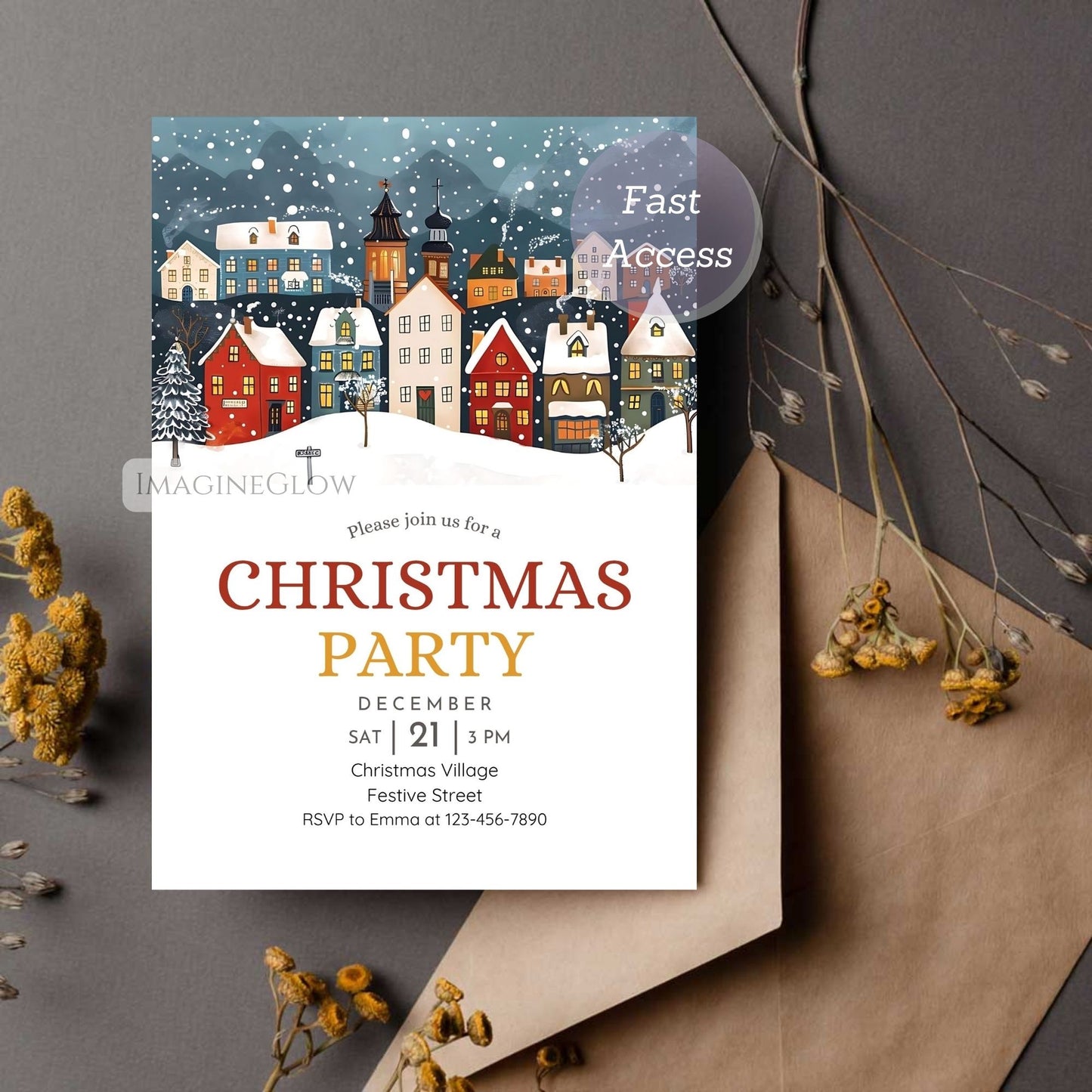 Christmas party invitation with a snowy village design on a gray background