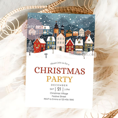 christmas village invitation festive holiday card
editable christmas village party invitation
printable christmas house holiday invitation
