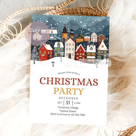 christmas village invitation festive holiday card
editable christmas village party invitation
printable christmas house holiday invitation
