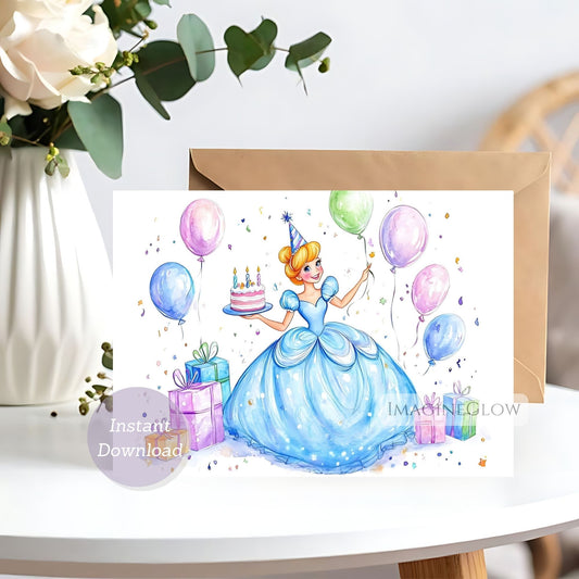 Cinderella birthday card design for kids
Princess-themed Cinderella birthday card
Fairy tale birthday card with Cinderella
Digital printable Cinderella birthday card
