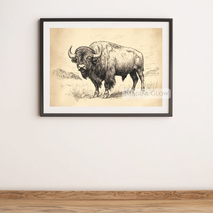 Antique-style buffalo artwork for vintage interiors.
