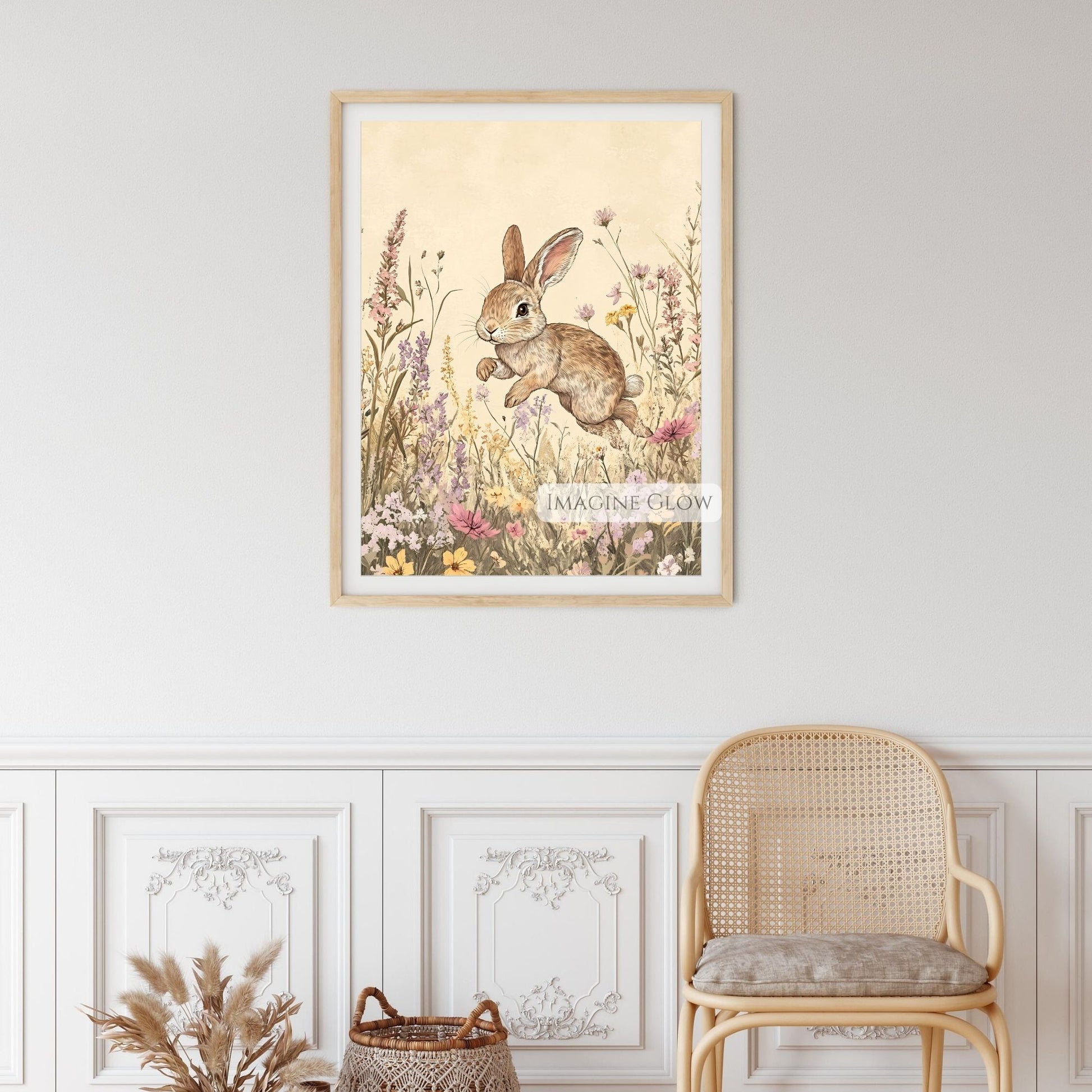 Charming rabbit surrounded by vintage wildflowers.
