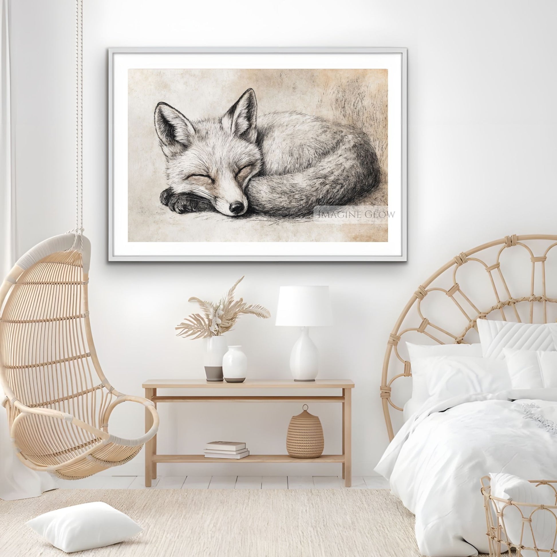 Charming forest fox sketch for cabin decor.

