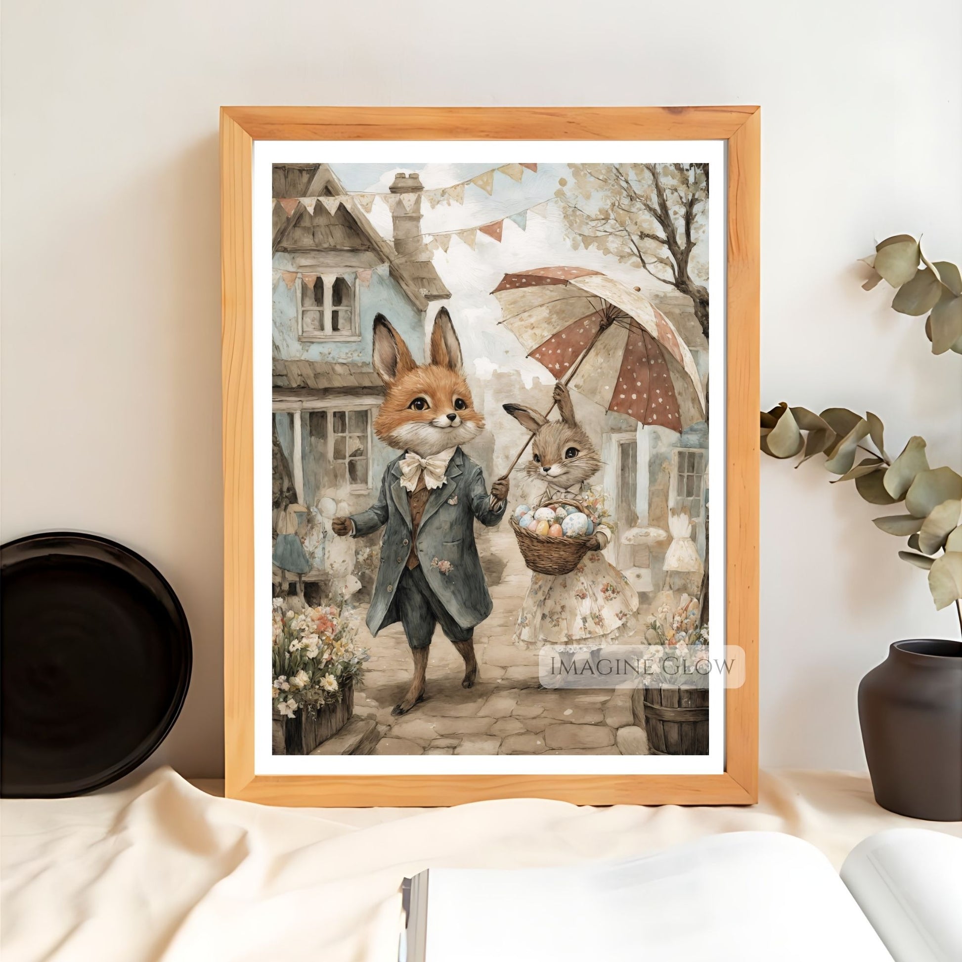 Antique Bunny & Fox Artwork - Easter Egg & Flowers
