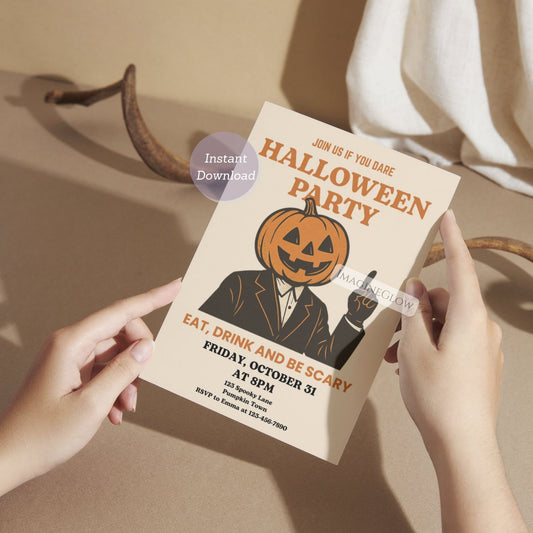 Halloween party invitation with a pumpkin head in a suit held by hands on a neutral background.