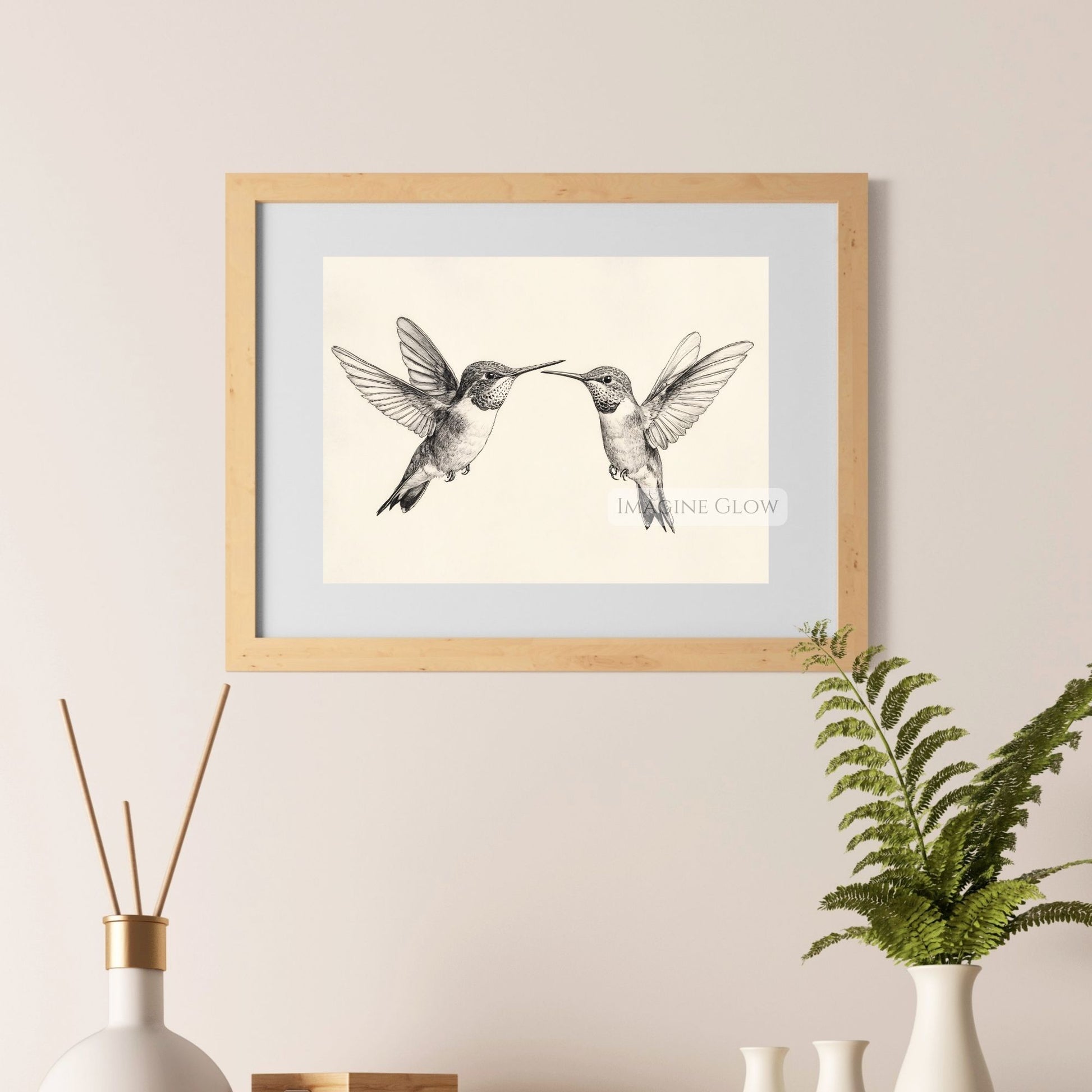 Delicate hand-drawn hummingbird illustration for decor
