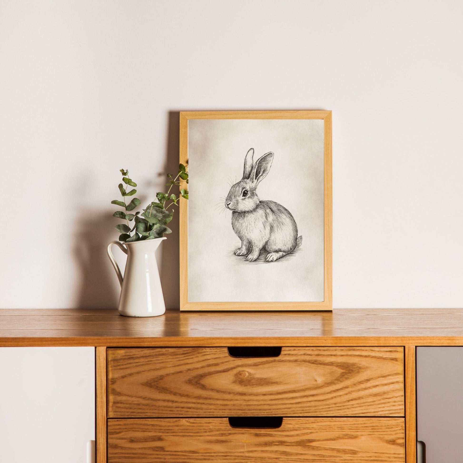 Timeless bunny sketch for rustic or countryside decor.
