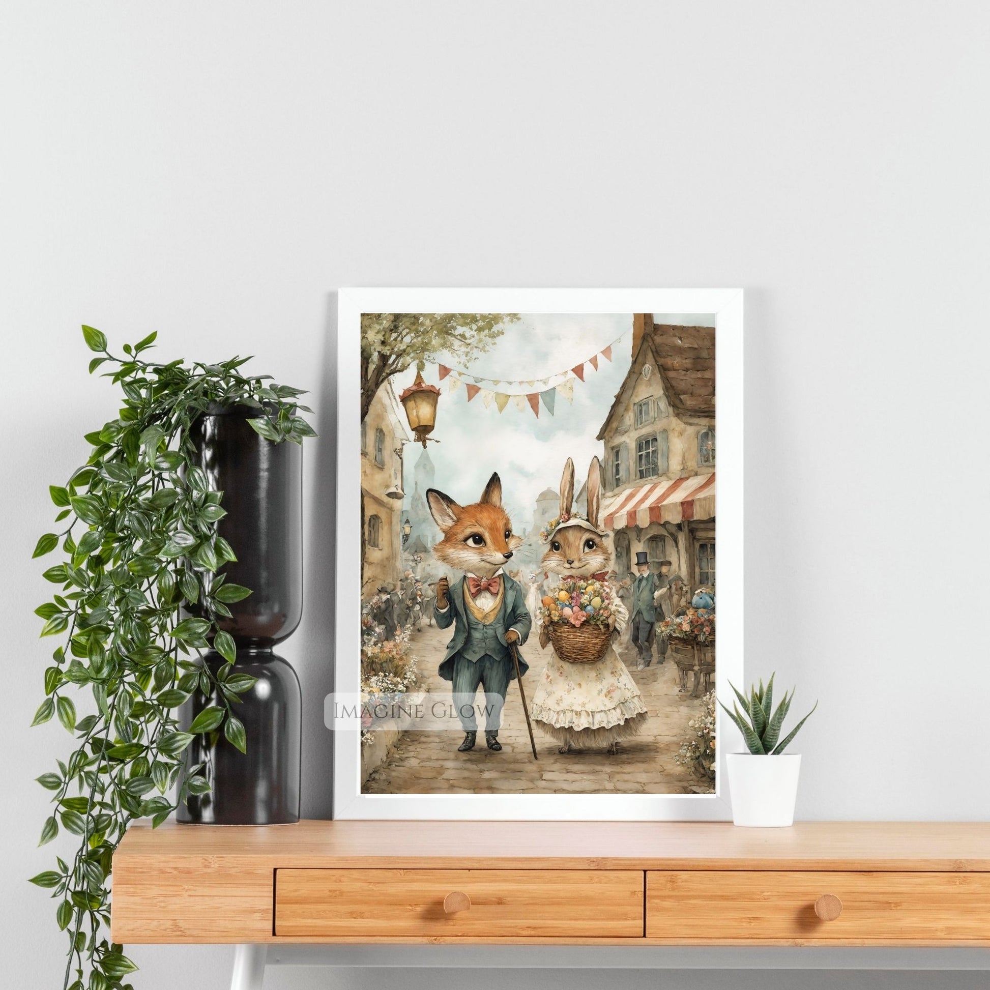 Easter Wall Art - Fox & Bunny with Floral Basket
