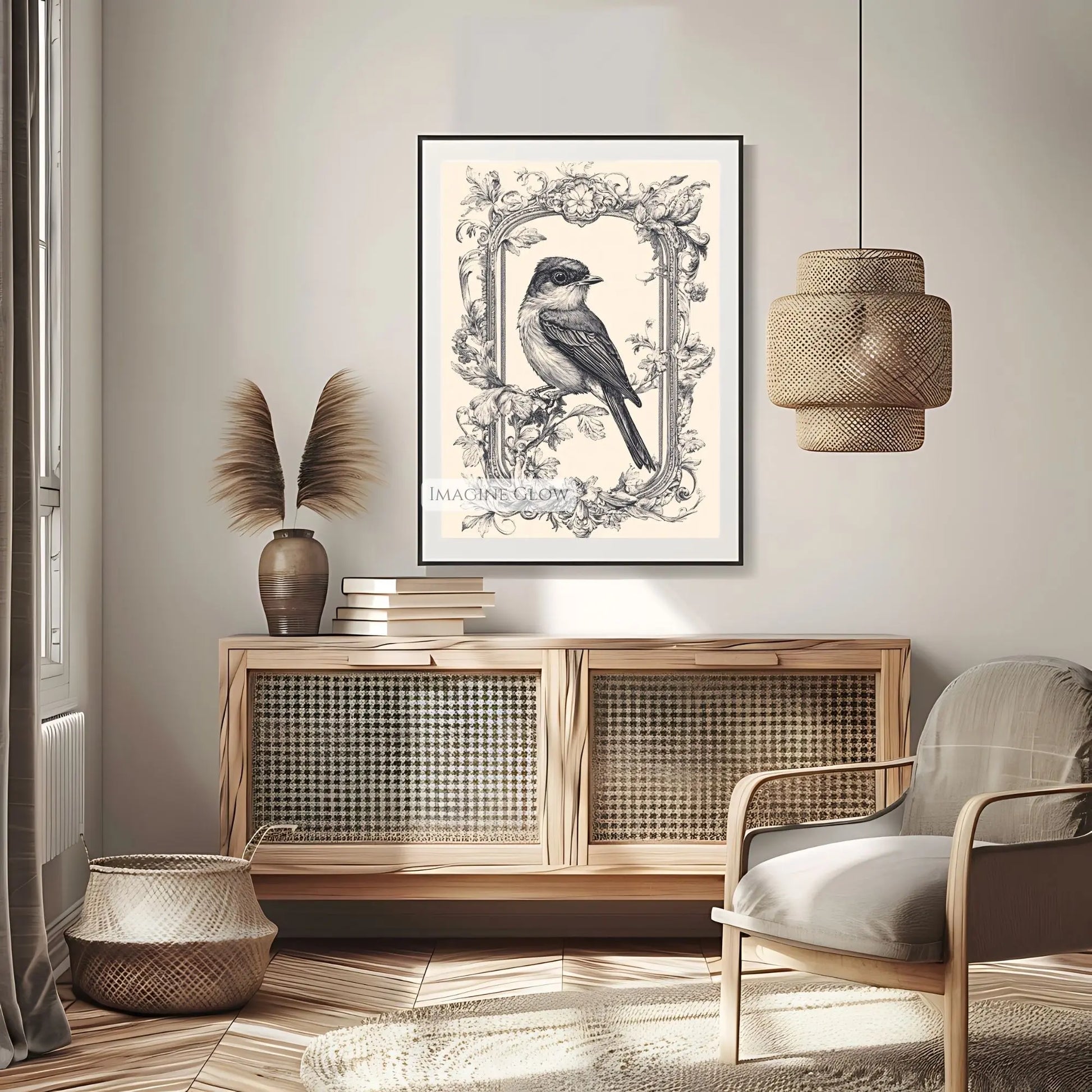 Elegant vintage bird perched on branch wall decor.
