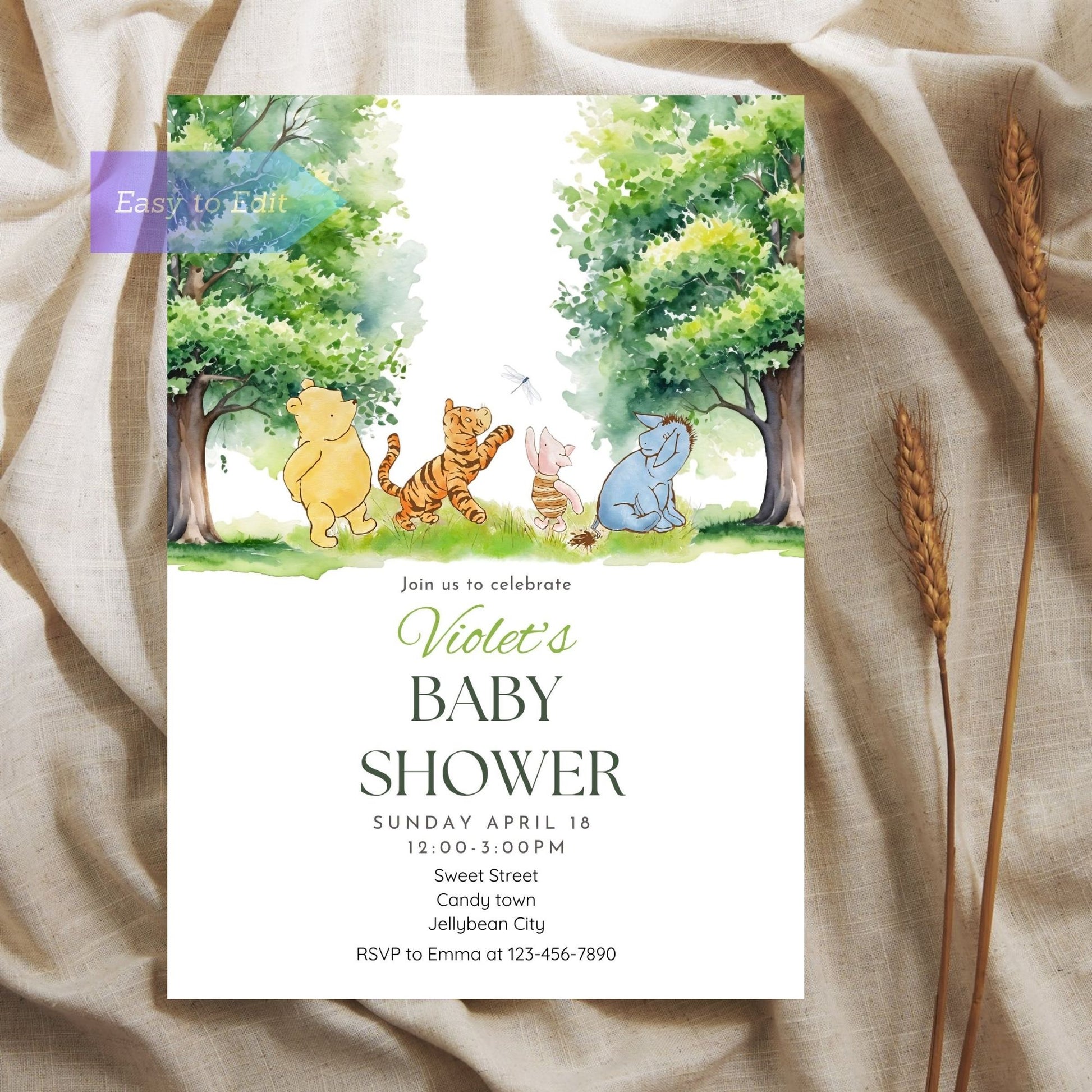 Printable woodland baby shower invite with Winnie the Pooh characters.
