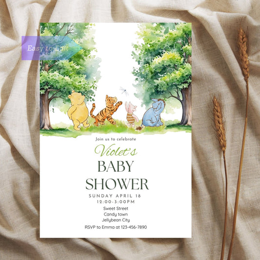 Printable woodland baby shower invite with Winnie the Pooh characters.
