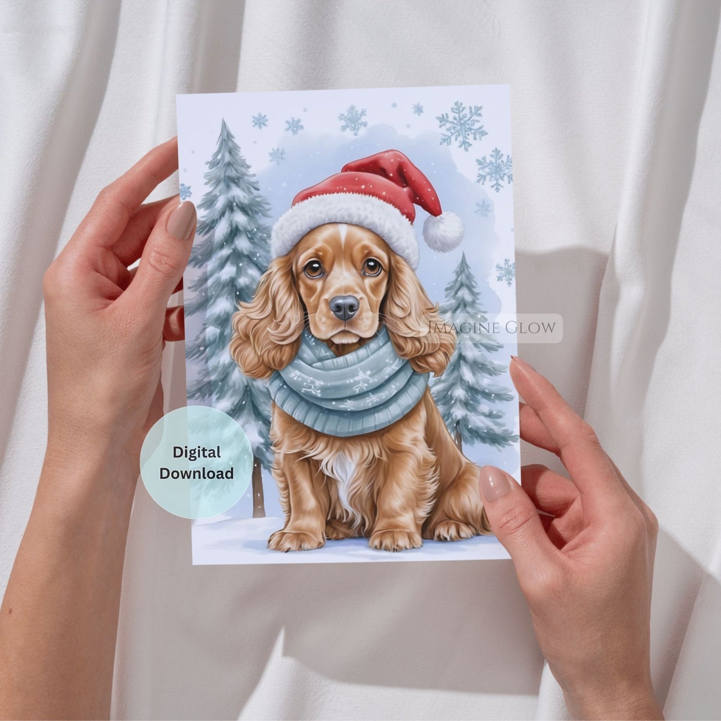 Card with a dog wearing a Santa hat and scarf, held by hands against a white background.