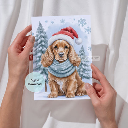 Card with a dog wearing a Santa hat and scarf, held by hands against a white background.