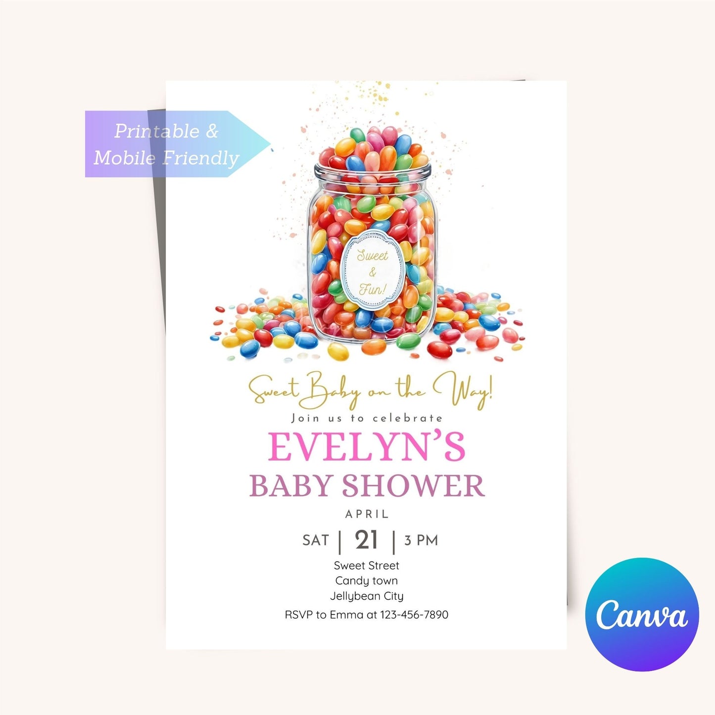 Sweet jellybean-themed baby shower invite for celebrations.
Gender-neutral baby shower invitation with jellybean design.

