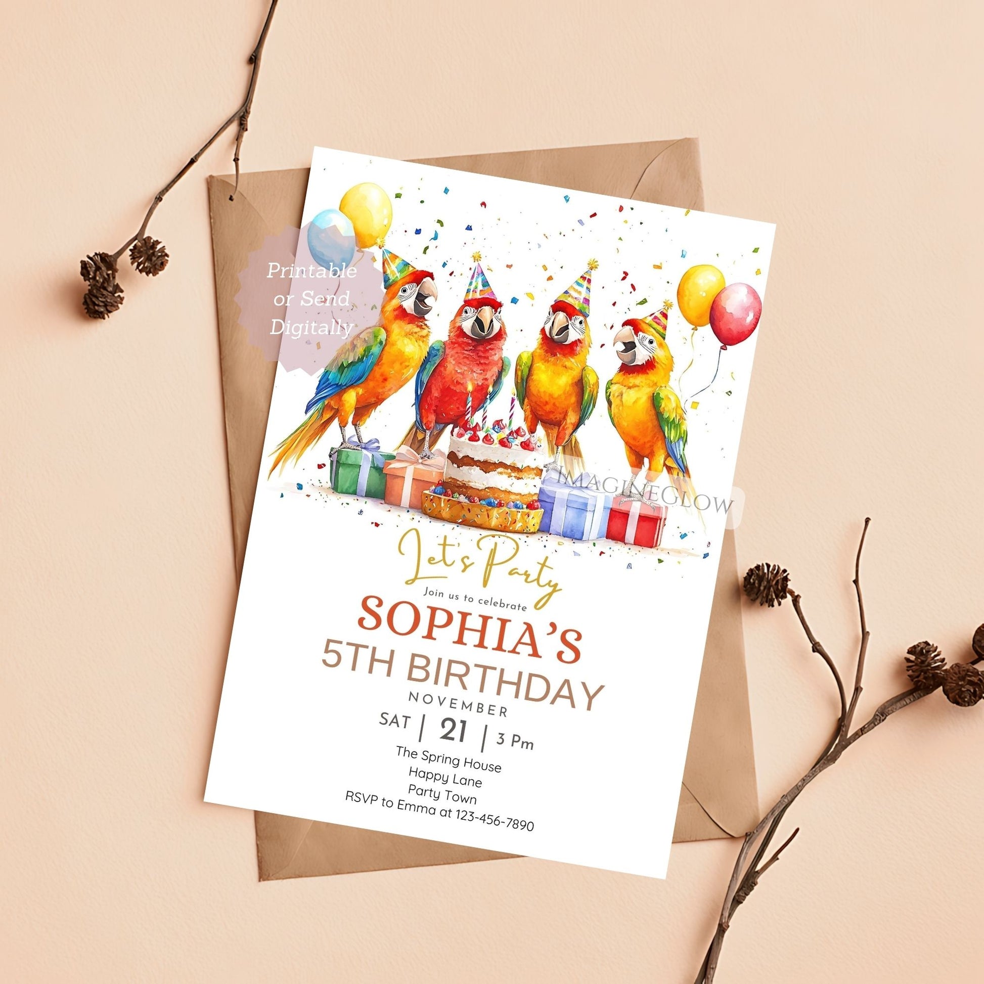 Parrot birthday invitation tropical theme
