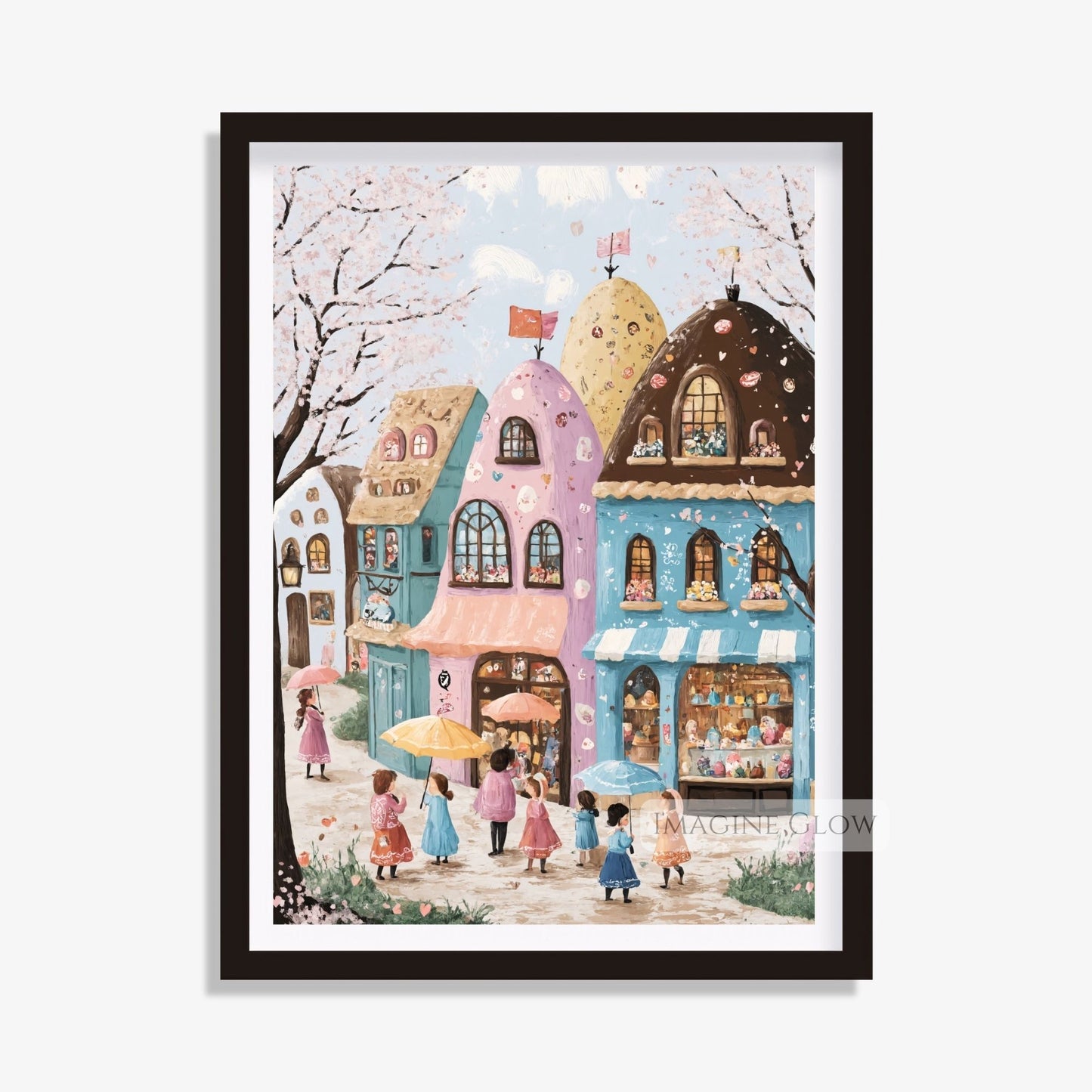 Pastel-colored Easter village with adorable houses and trees
