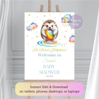 Jellybean-themed baby shower welcome sign for parties.
