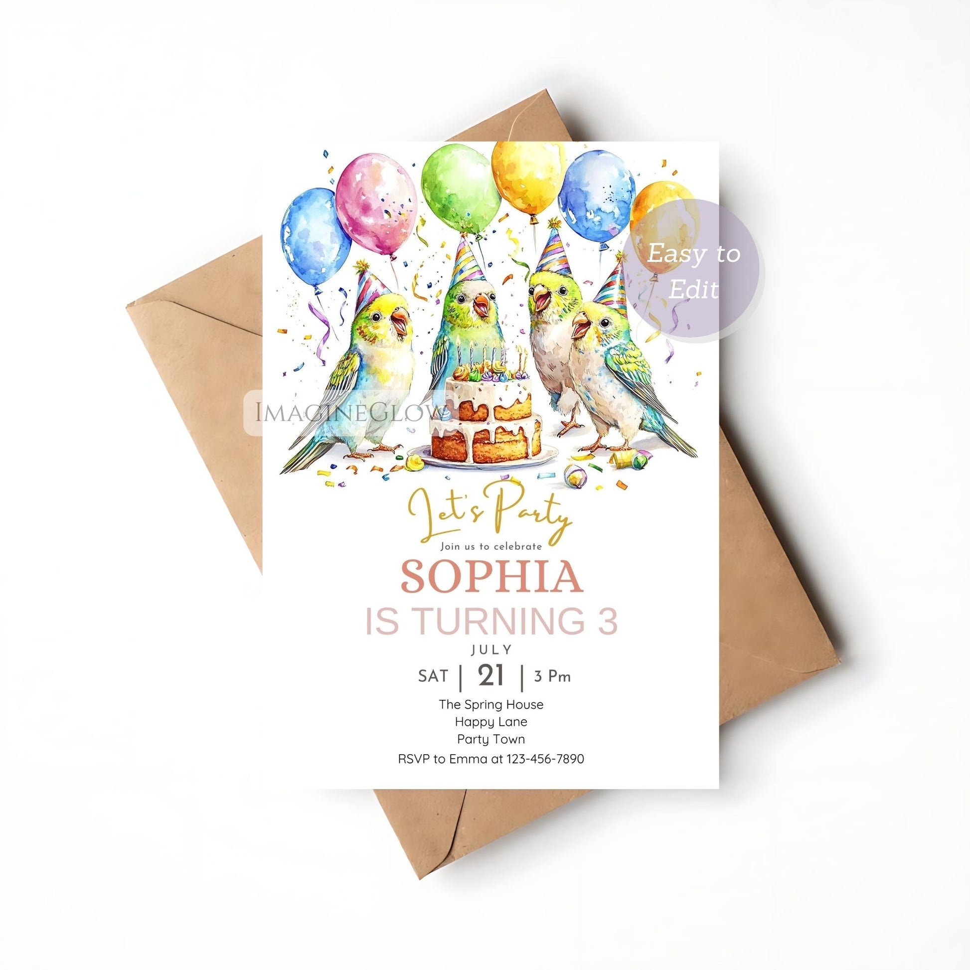 Printable parakeet party invitation for children
