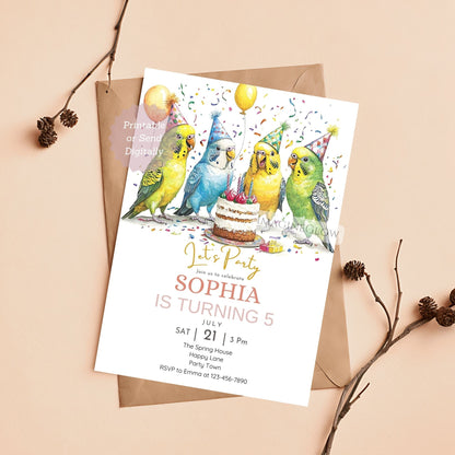 Parakeet birthday invitation editable in Canva
