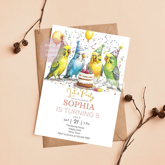 Parakeet birthday invitation editable in Canva
