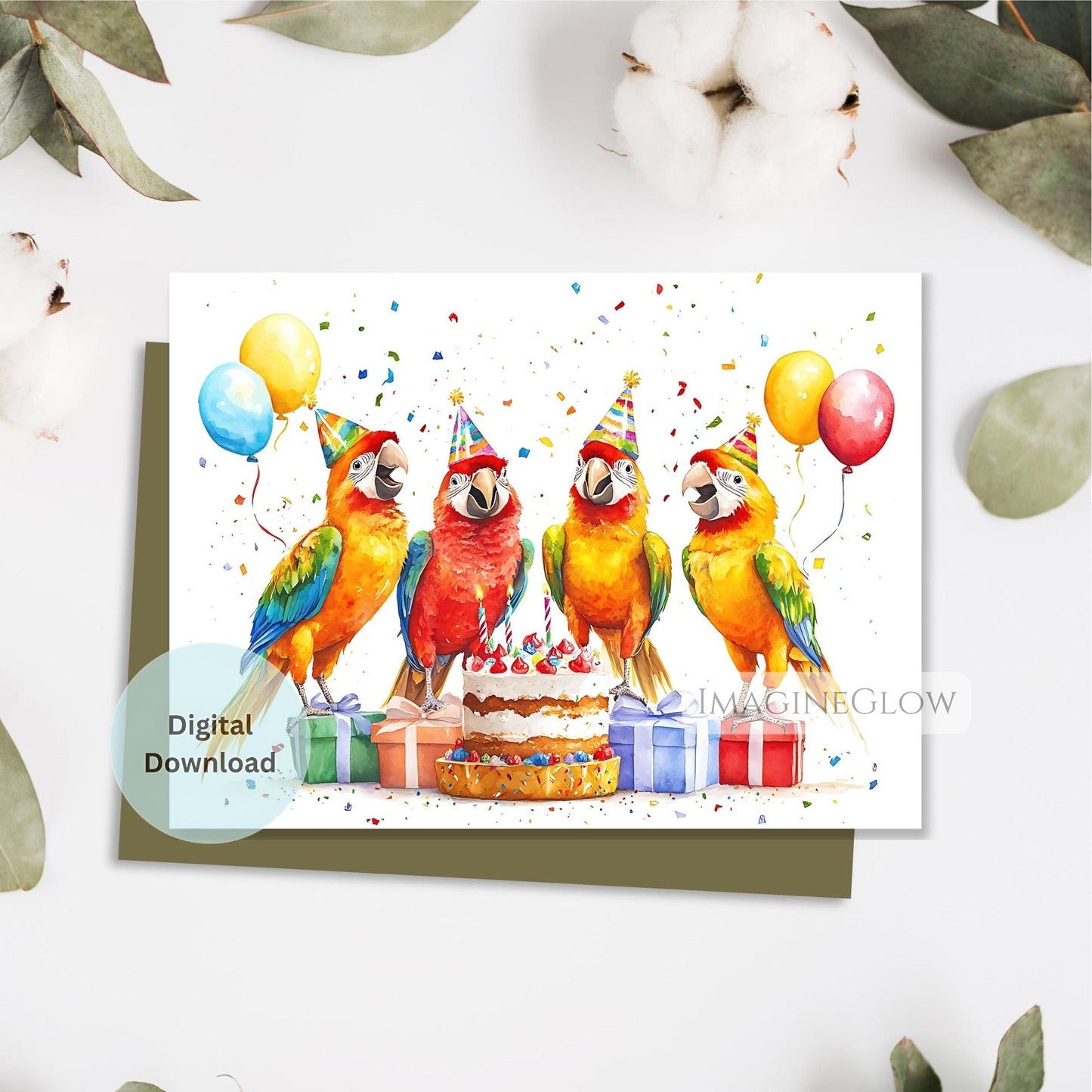 Digital download card with colorful parrots celebrating a birthday, surrounded by balloons and gifts on a white background.