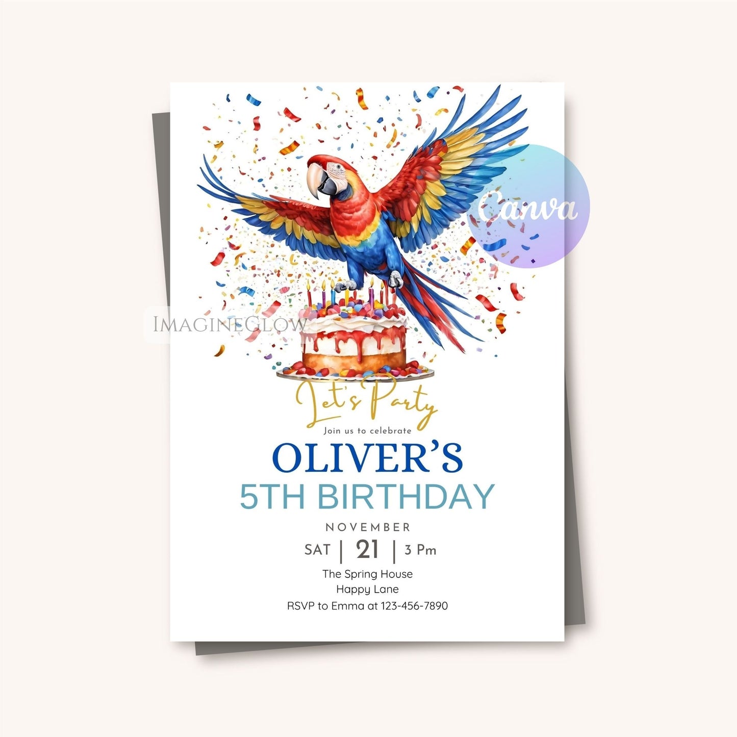 tropical macaw birthday invitation
colorful parrot party invite
