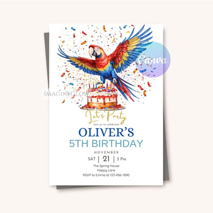 tropical macaw birthday invitation
colorful parrot party invite

