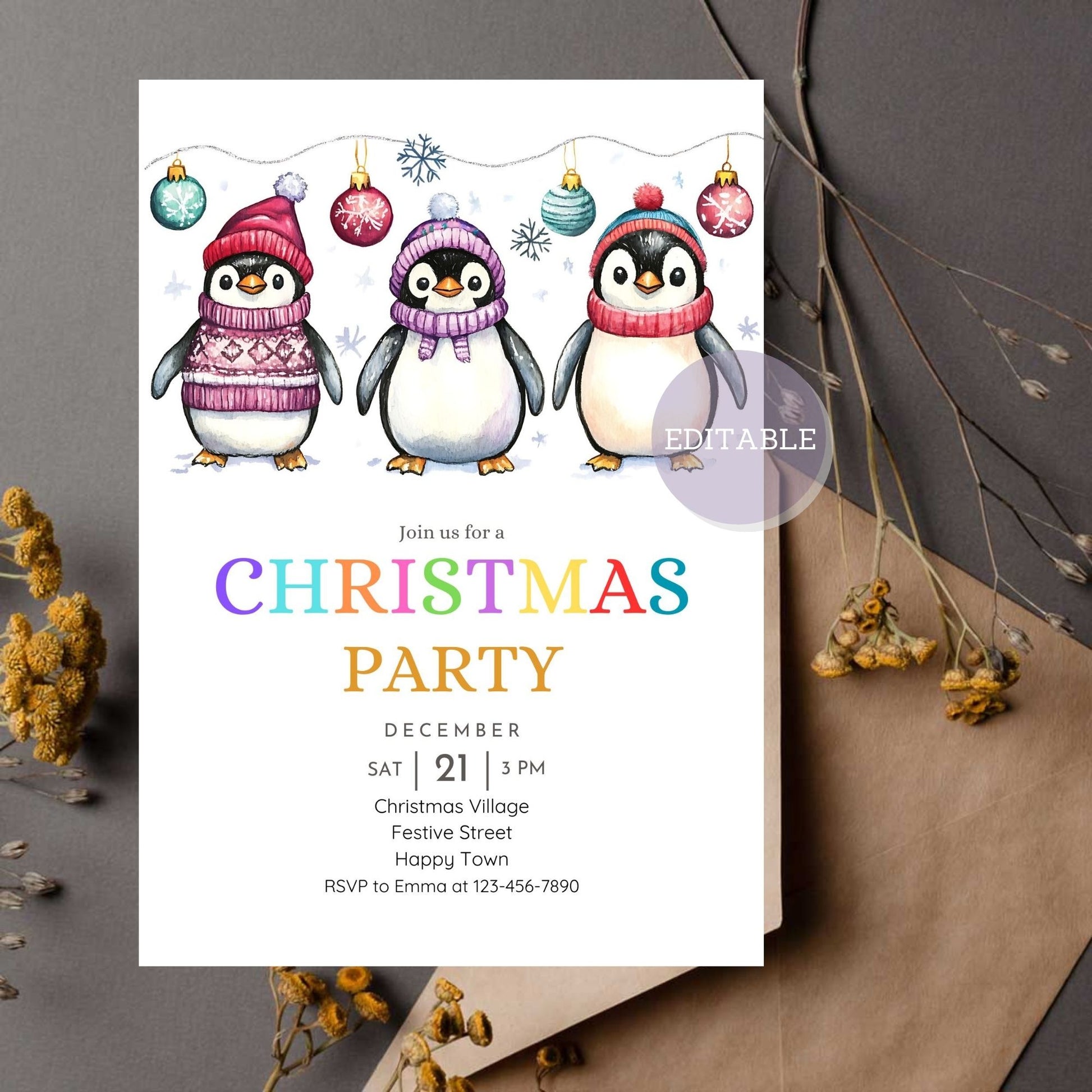 Colorful penguin Christmas party invitation with festive design.
