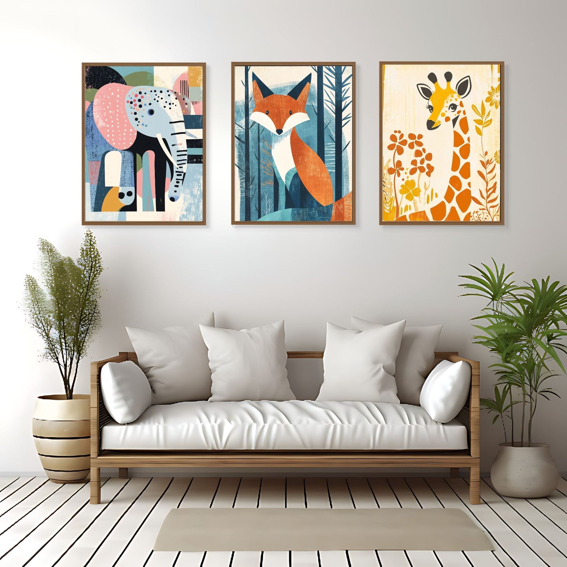 Whimsical safari animal art for kids’ rooms or nursery decor.
