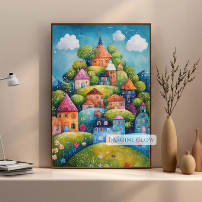 Whimsical Village with Lush Greenery and Mountains
