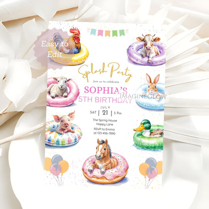 Birthday invitation card with animals in inflatable rings on a white background