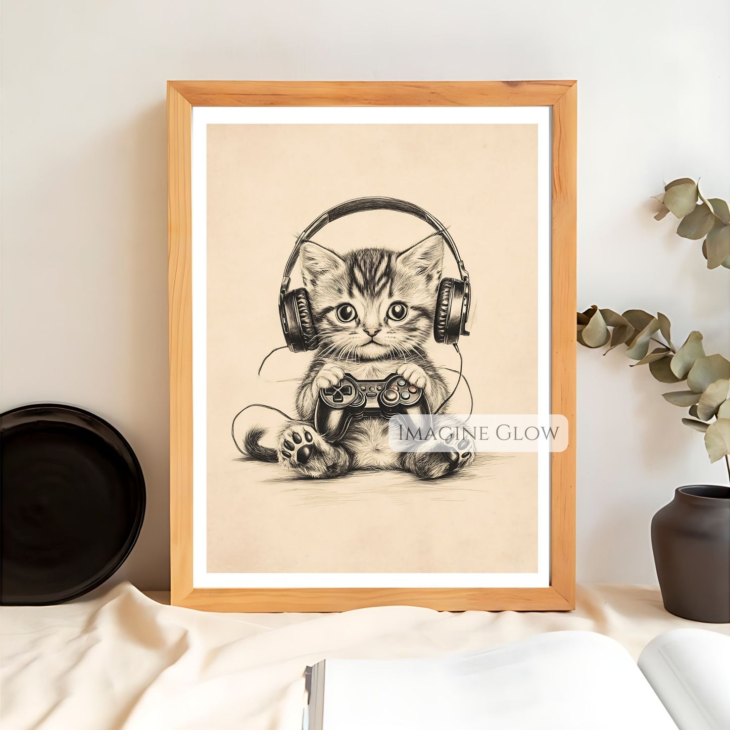 Video game cat print for game room decor
