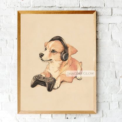 Retro gaming dog print for kids' room
