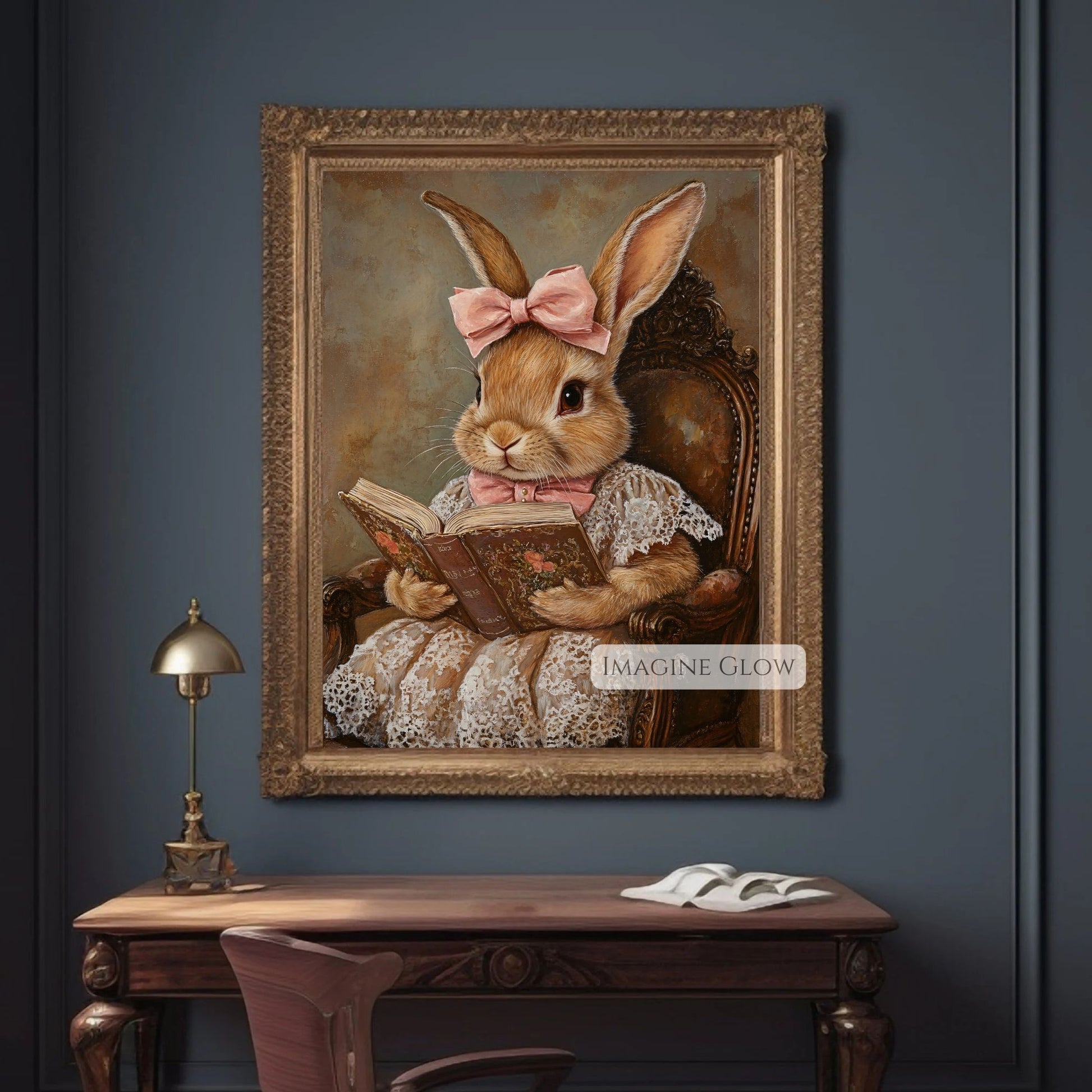 Vintage bunny wall art for book lovers
