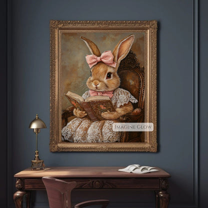 Vintage bunny wall art for book lovers
