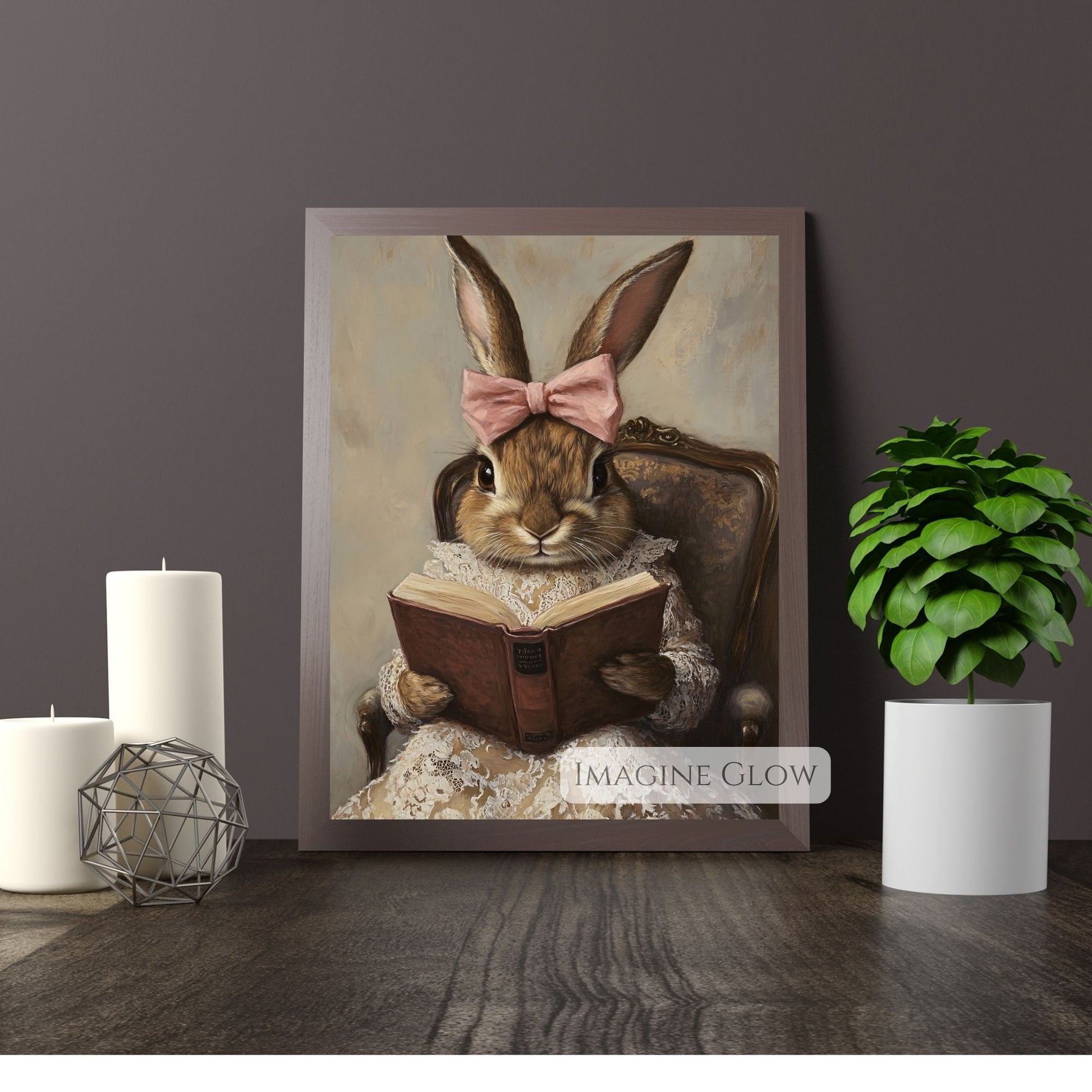 Bunny reading book vintage digital artwork

