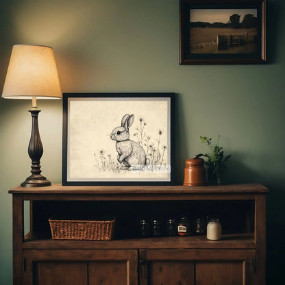 Wildflower and rabbit art print with vintage charm.
