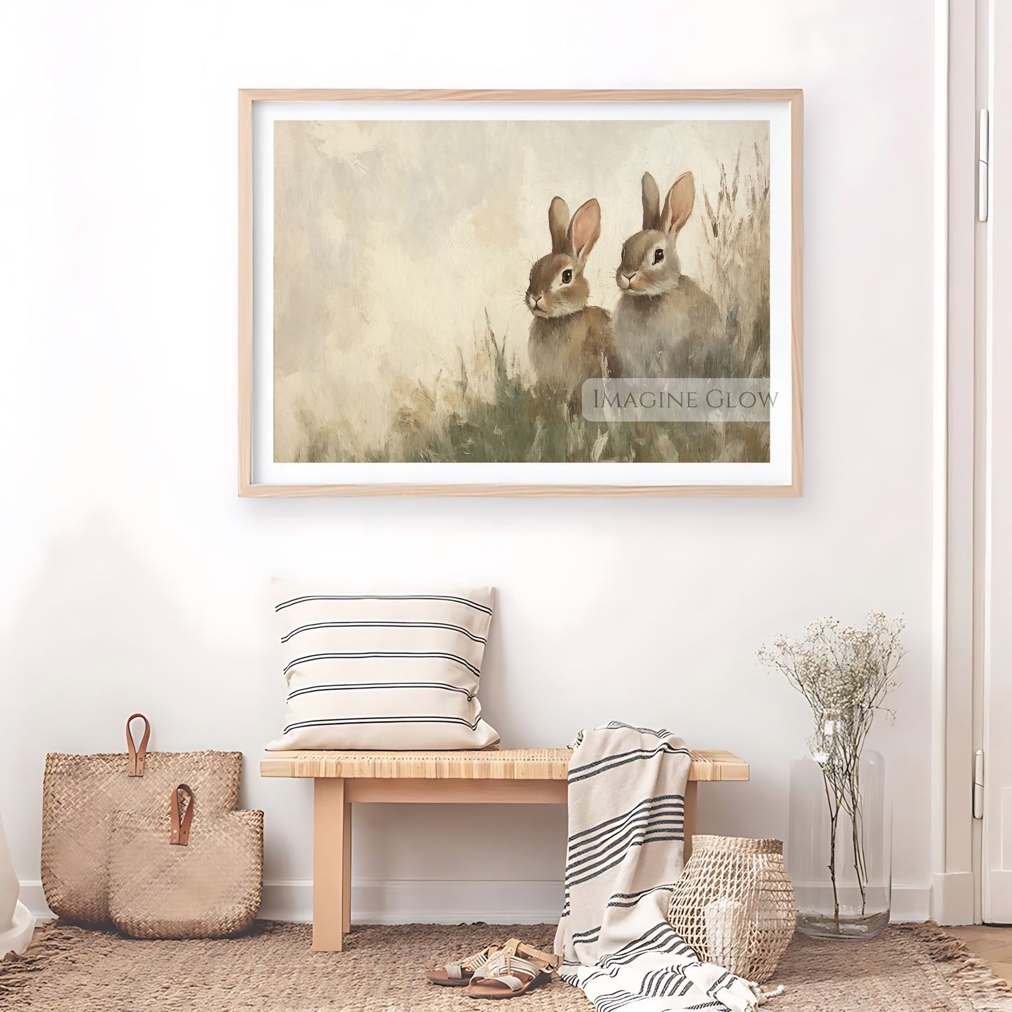 Two rabbits sitting in a meadow - vintage artwork
